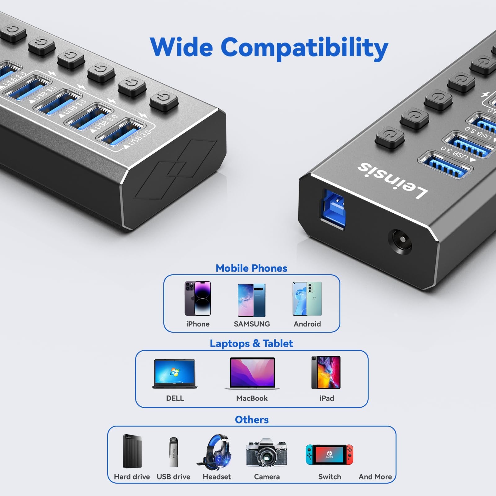 Powered USB Hub 3.0, Leinsis 7-Port 3.0 3.01, Metallic Black