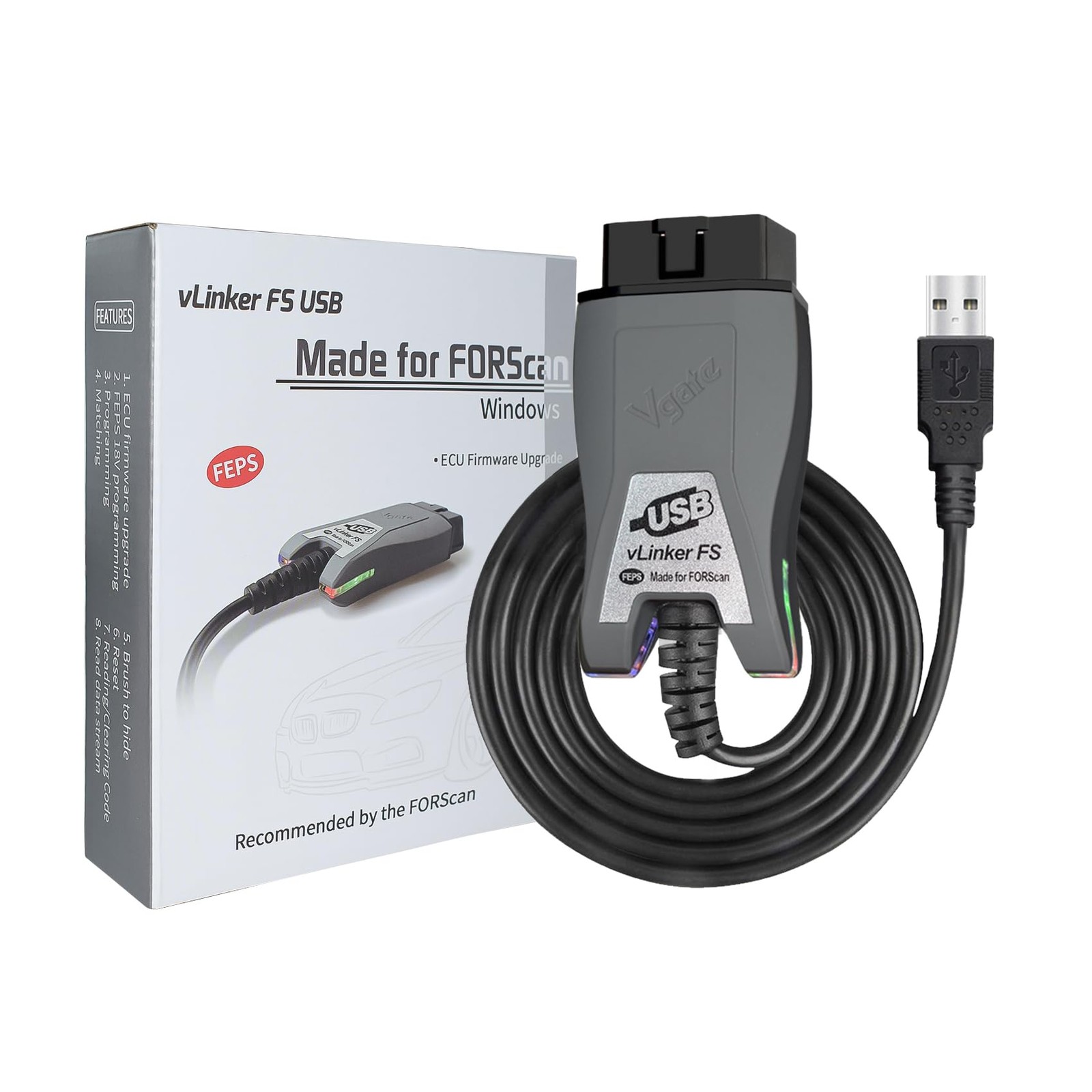 FORScan OBD2 Adapter USB vLinker FS for Ford HS/MS-CAN Diagnostic Grey