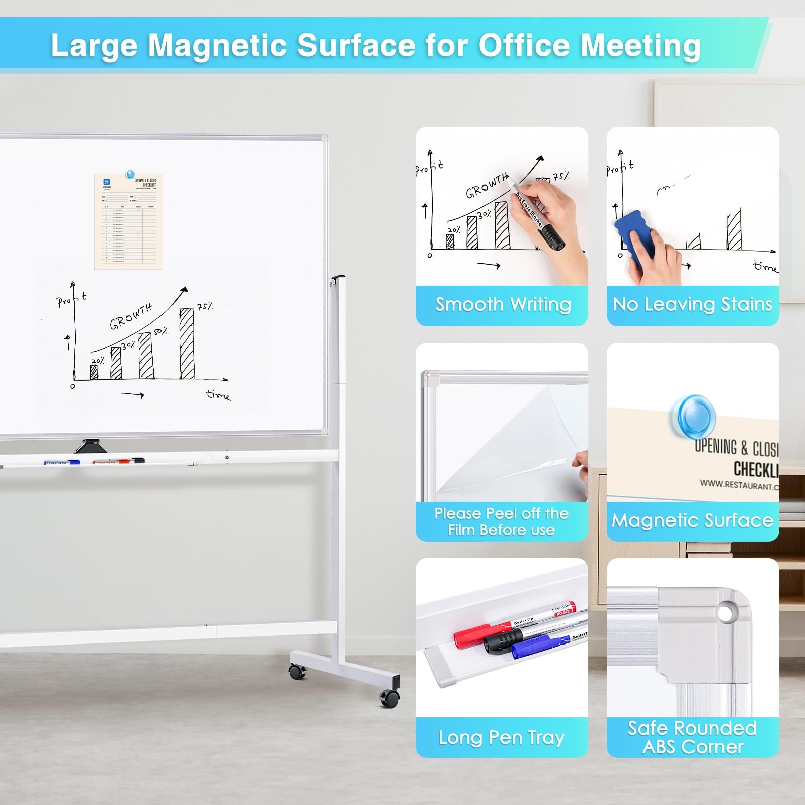 Whiteboard 72×40 Double Sided Magnetic Dry Erase Silver Rolling maxtek Large