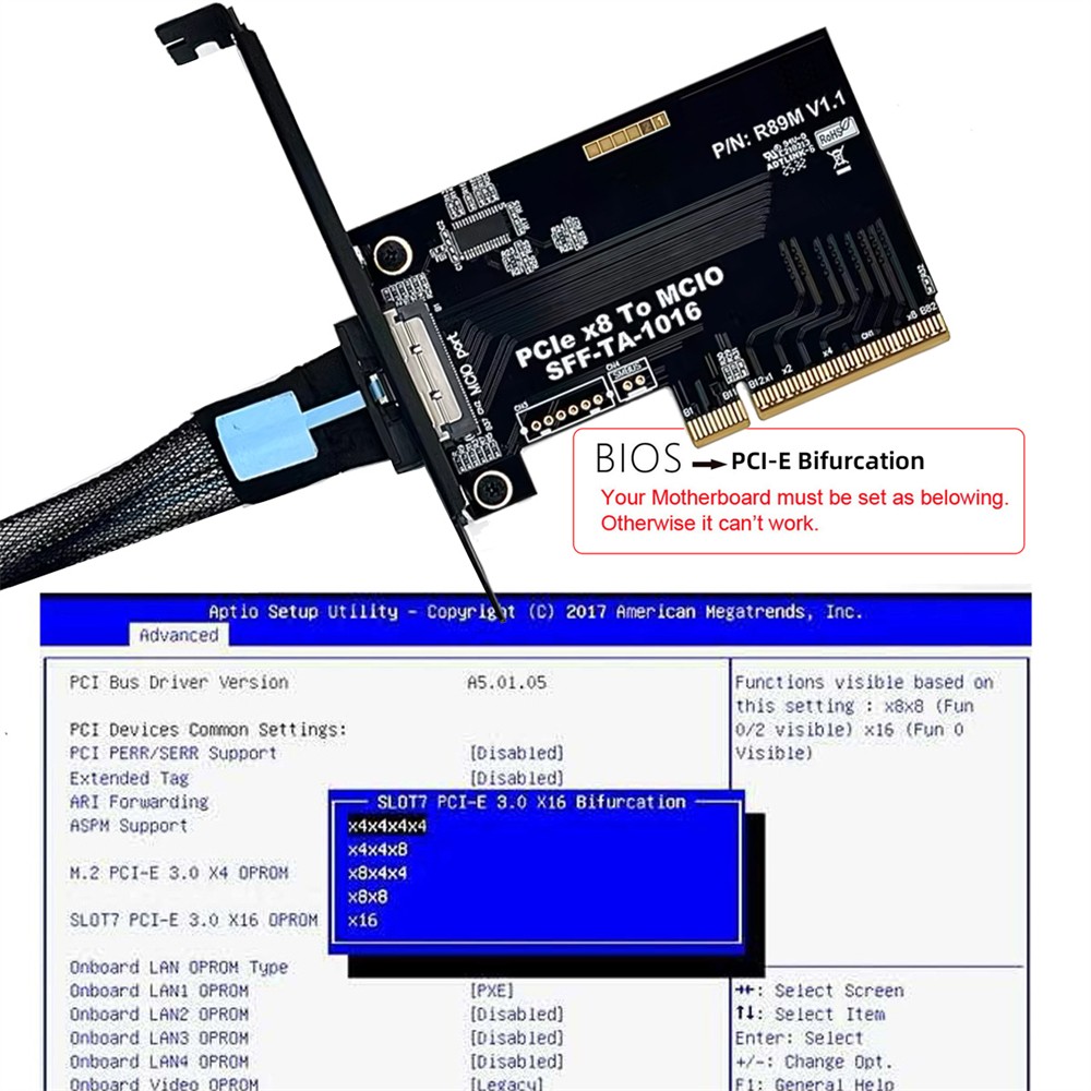 CY External MCIO 8i SFF-TA-1016 to PCI-Express 8x VROC Adapter for Mainboard SSD