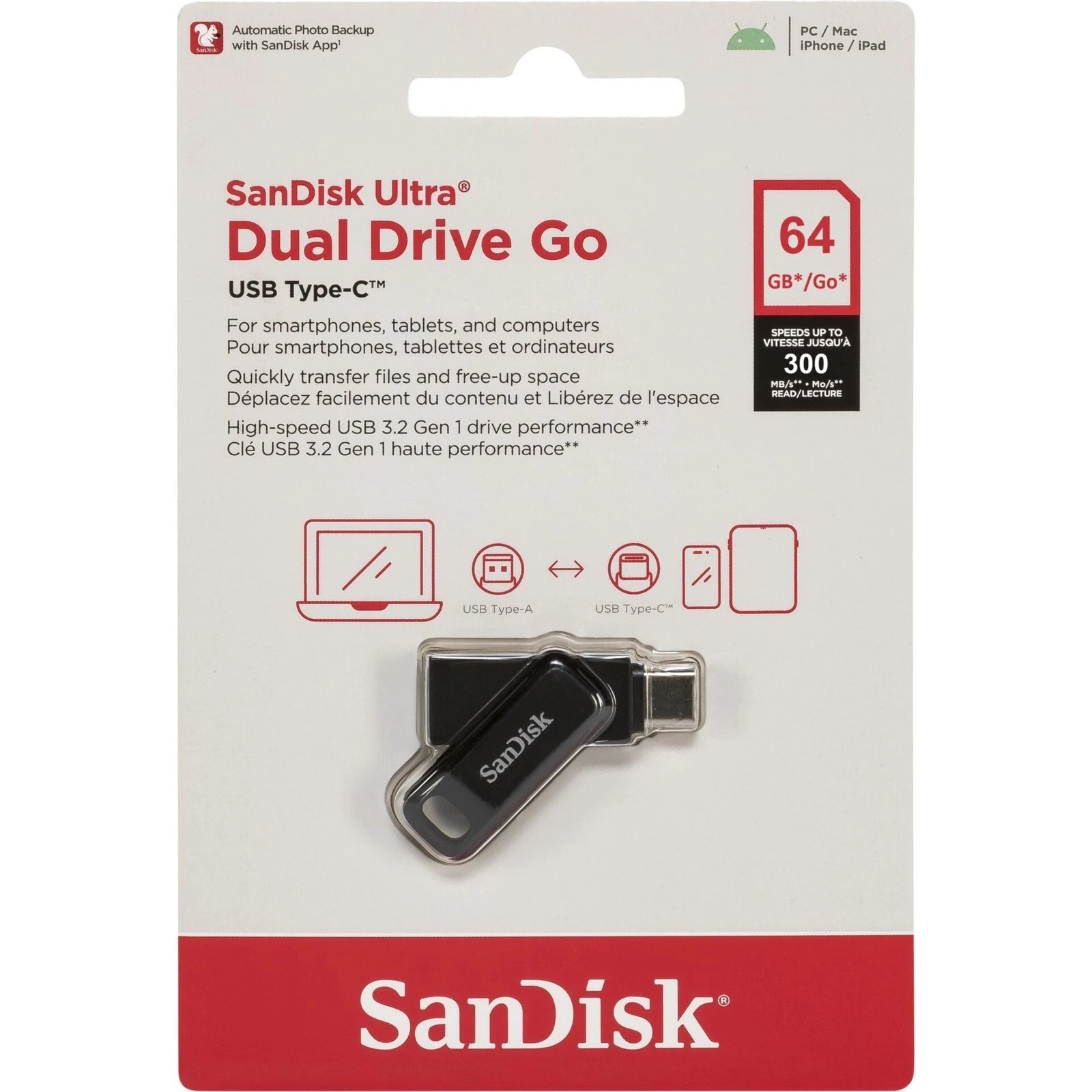 SanDisk Ultra Dual Drive Go 64GB USB-A/USB-C Flash Drive – Black (SDDDC3-064G-G46)