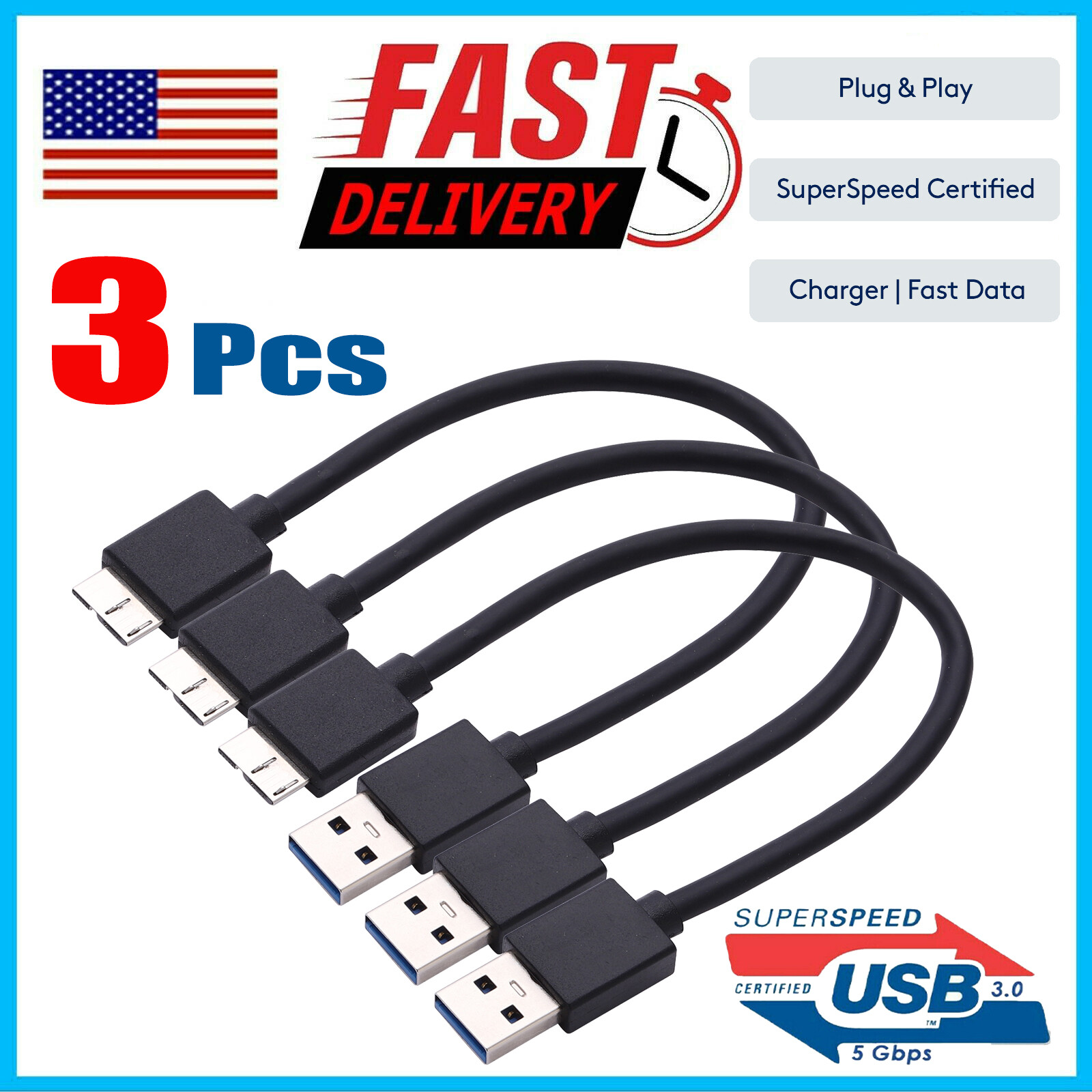 3X Micro USB 3.0 Cable High Speed Data SYNC For HDD Portable External Hard Drive