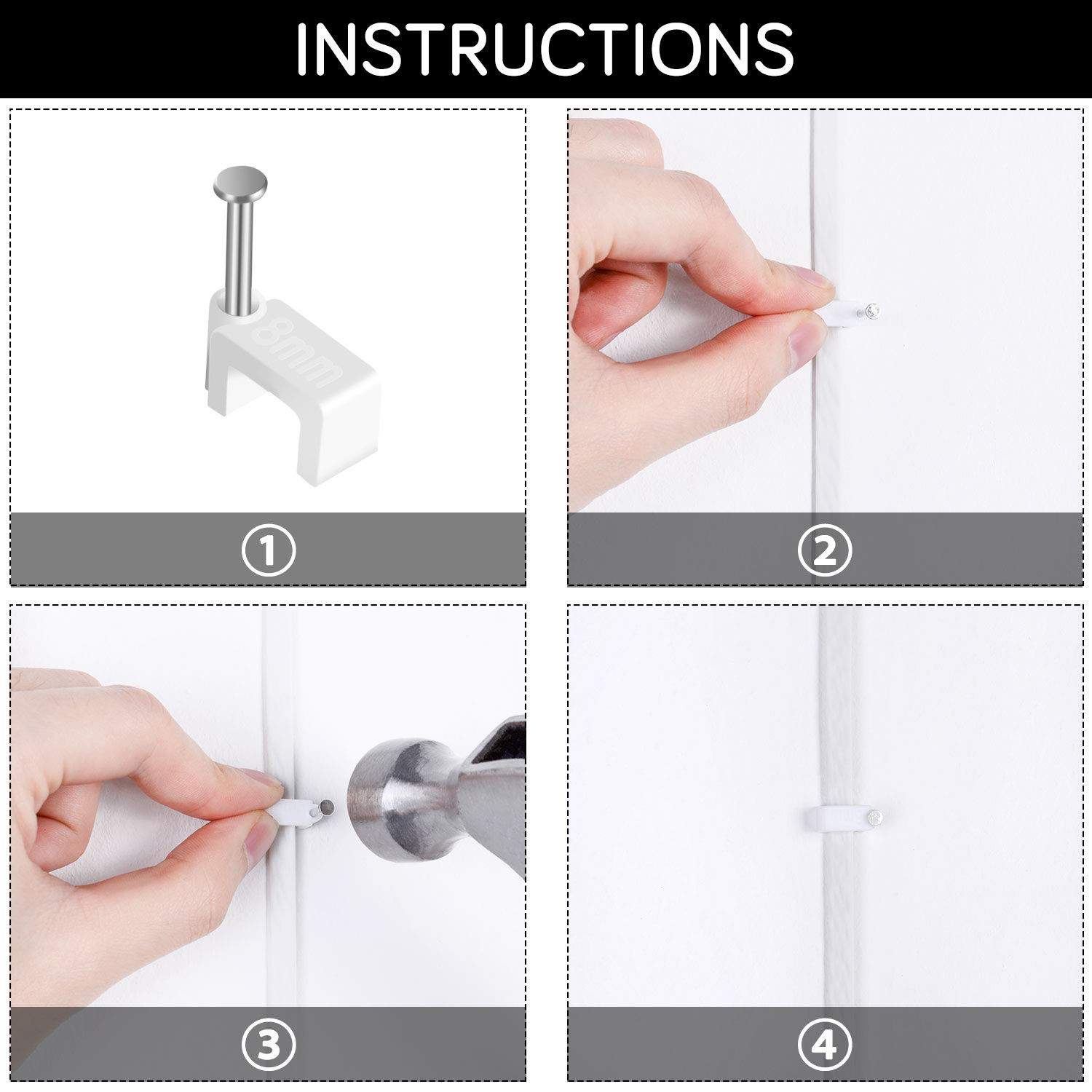 Cable Clips – Cablegeeker 100 Pieces Ethernet Cable Clips with Nails 8Mm Cord Ho