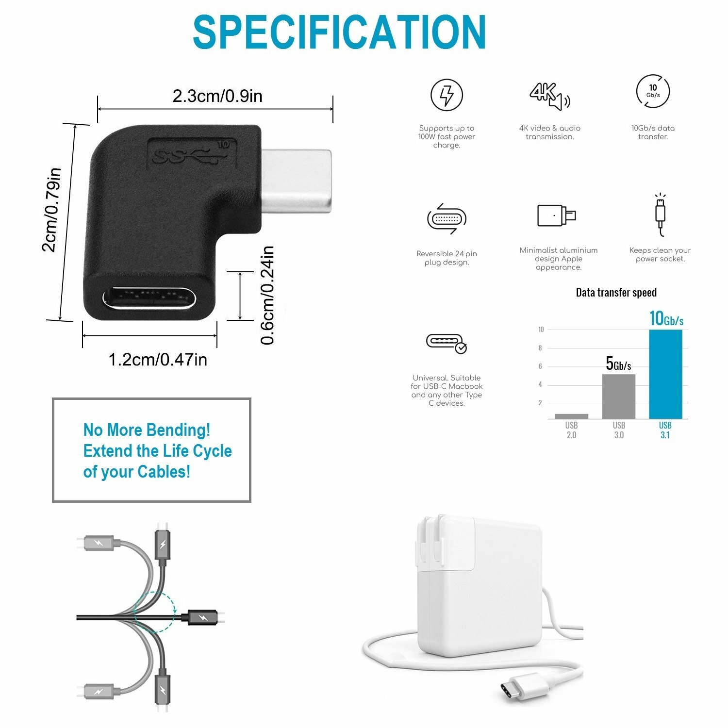 USB C Angle Adapter [2 Pack] Left/Right 90 Degree, USB Type C Male to Female
