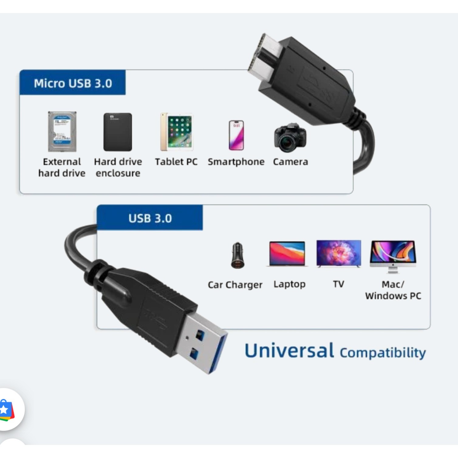 50cm USB3.0 Type A Male to Micro B Male Cable,SuperSpeed 4.8Gbps,Double-Shielded