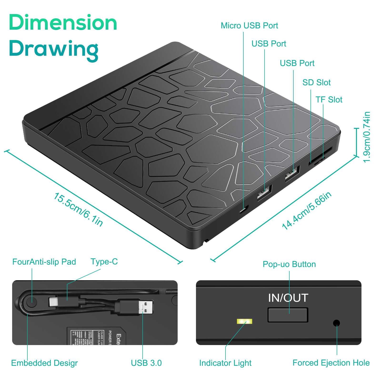 External CD DVD Drive Type-C USB 3.0 Player Disc Burner Reader for Laptop MAC OS