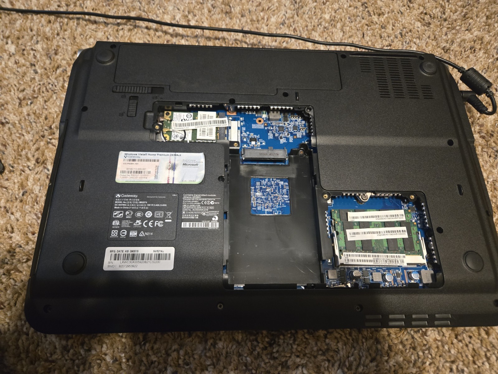 Gateway MS2274 Laptop 4 GB DDR2 RAM No HHD Parts Only Read Description