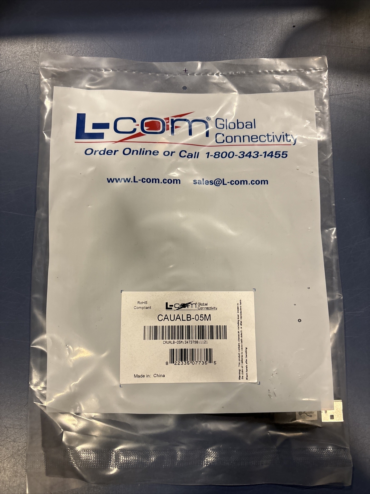 L-COM USB Cable Assembly, Latching A / Standard B 0.5m CAUALB-05M