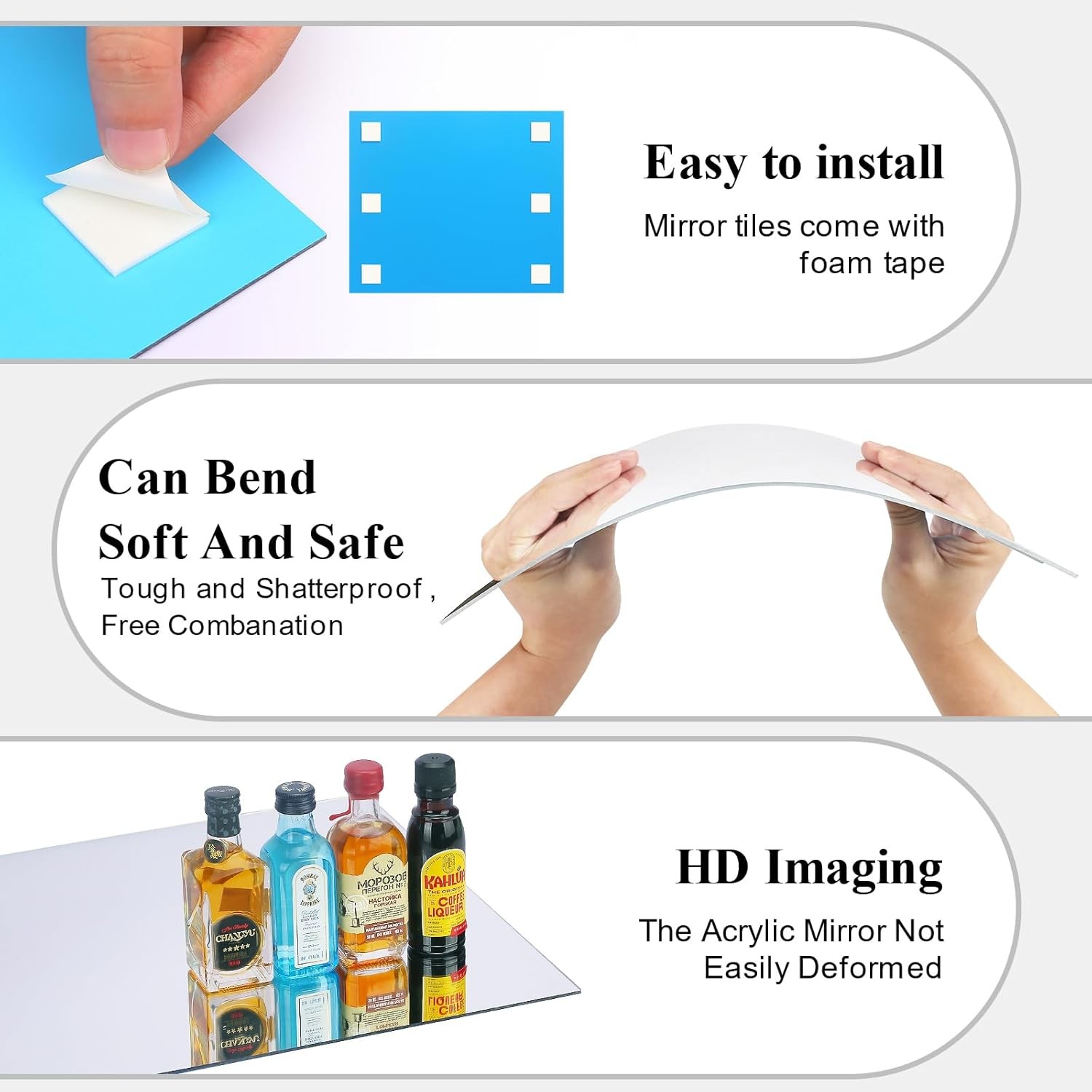 Mirror Tile Reflective Wall Stickers Self Adhesive Film Paper Kitchen Home Decor
