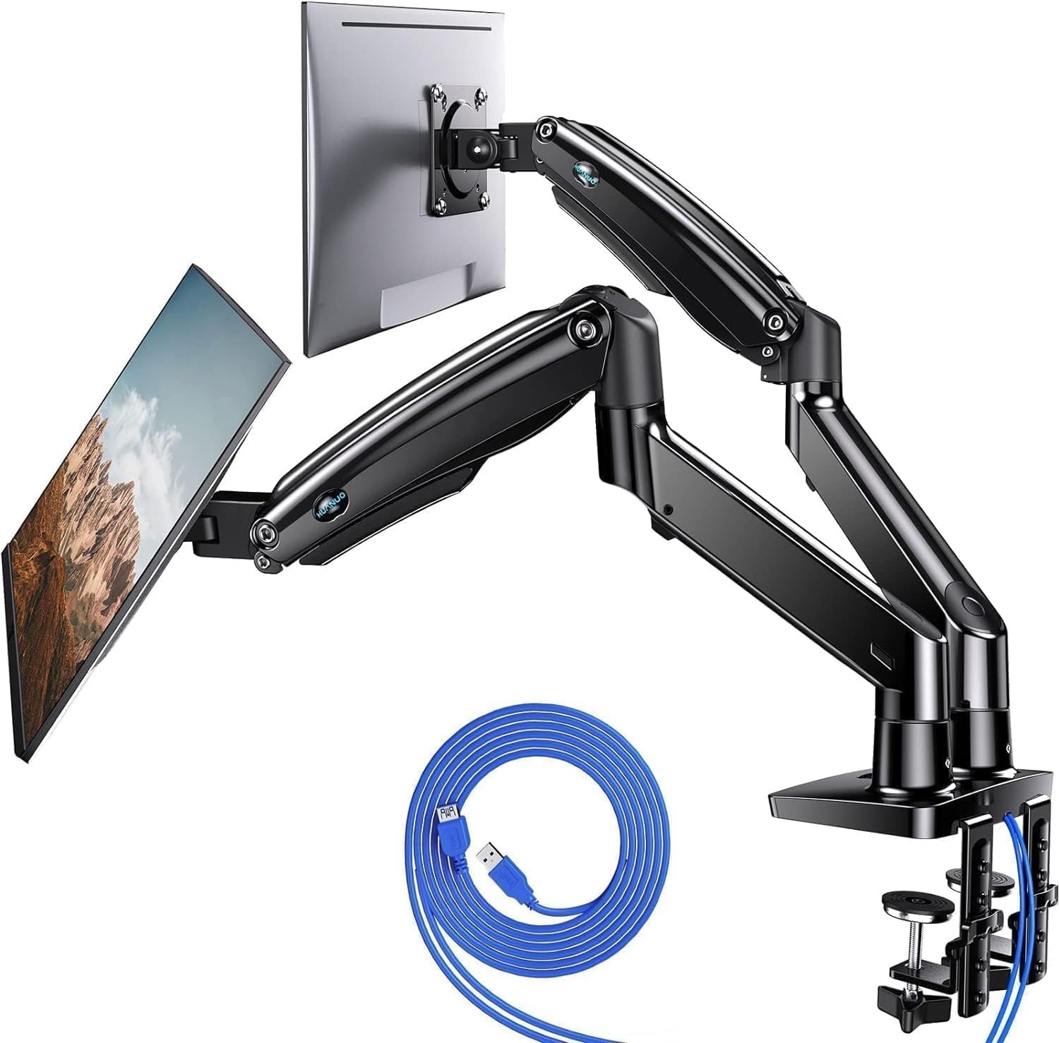 Dual Monitor Stand for 13in–40in, USB, VESA Mount with Clamp/Grommet, Adjustable