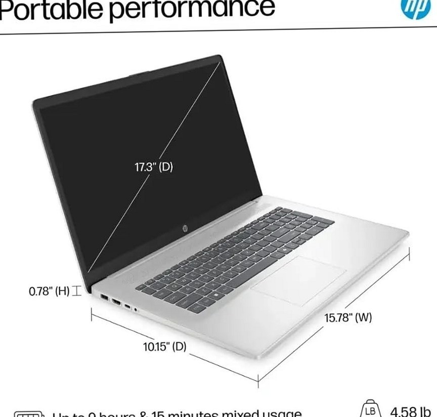 HP 17.3 inch Full HD Laptop AMD Ryzen 5 7520U 8GB RAM 512GB SSD Silver Win11