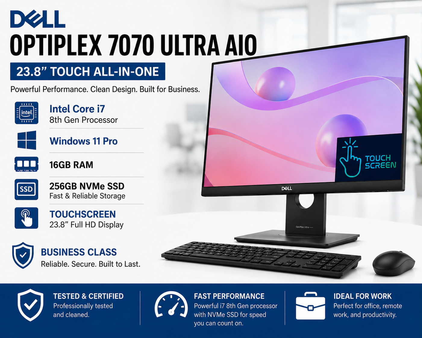 Dell OptiPlex 7070 Ultra AIO 23.8″ TOUCH Win 11 Pro AIO i7, 16GB Ram, 256GB NVME