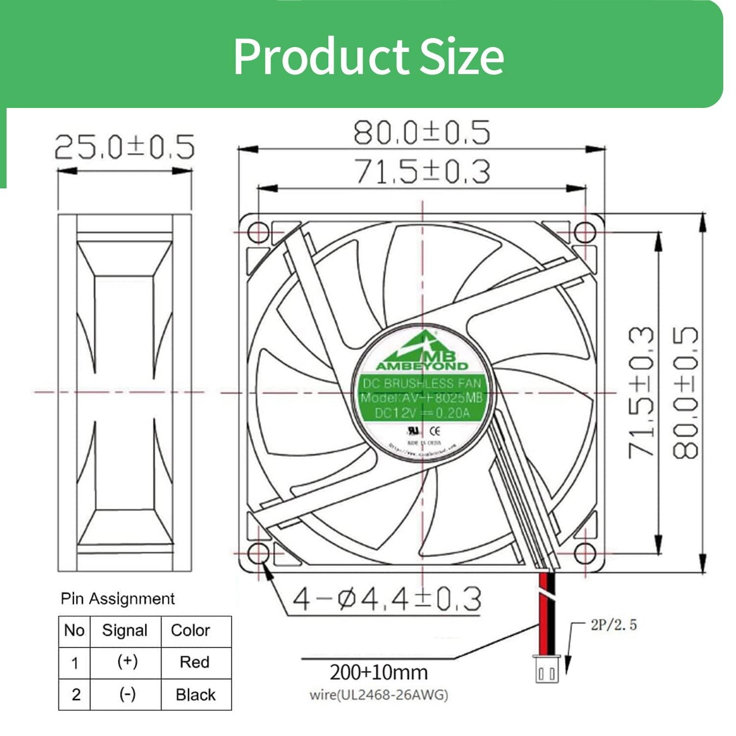 80mm By 80mm By 25mm 8025 12v Dc 0.20a Dual Ball Bearing Brushless Cooling Fan 2