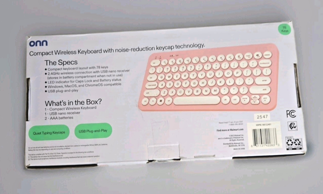 Pink Surf Onn. Compact Wireless Keyboard 78 Keys Plug And Play USB Nano Reciever