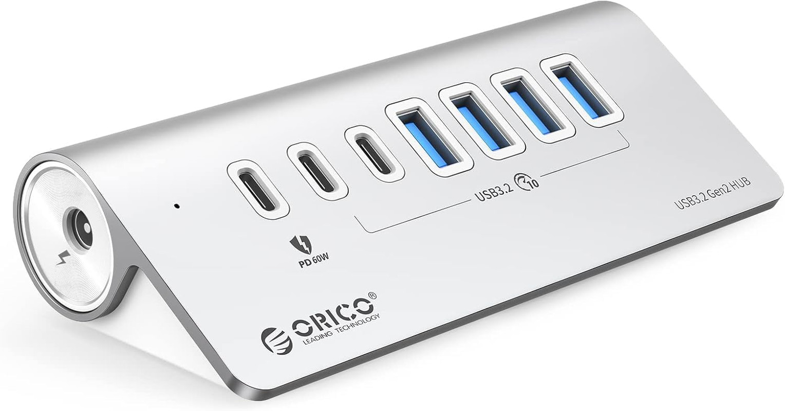 7-Port USB 3.2 Gen2 Hub, Powered USB 3.2 Hub with 4 USB-A, 2 USB-C, PD 60W, 72W