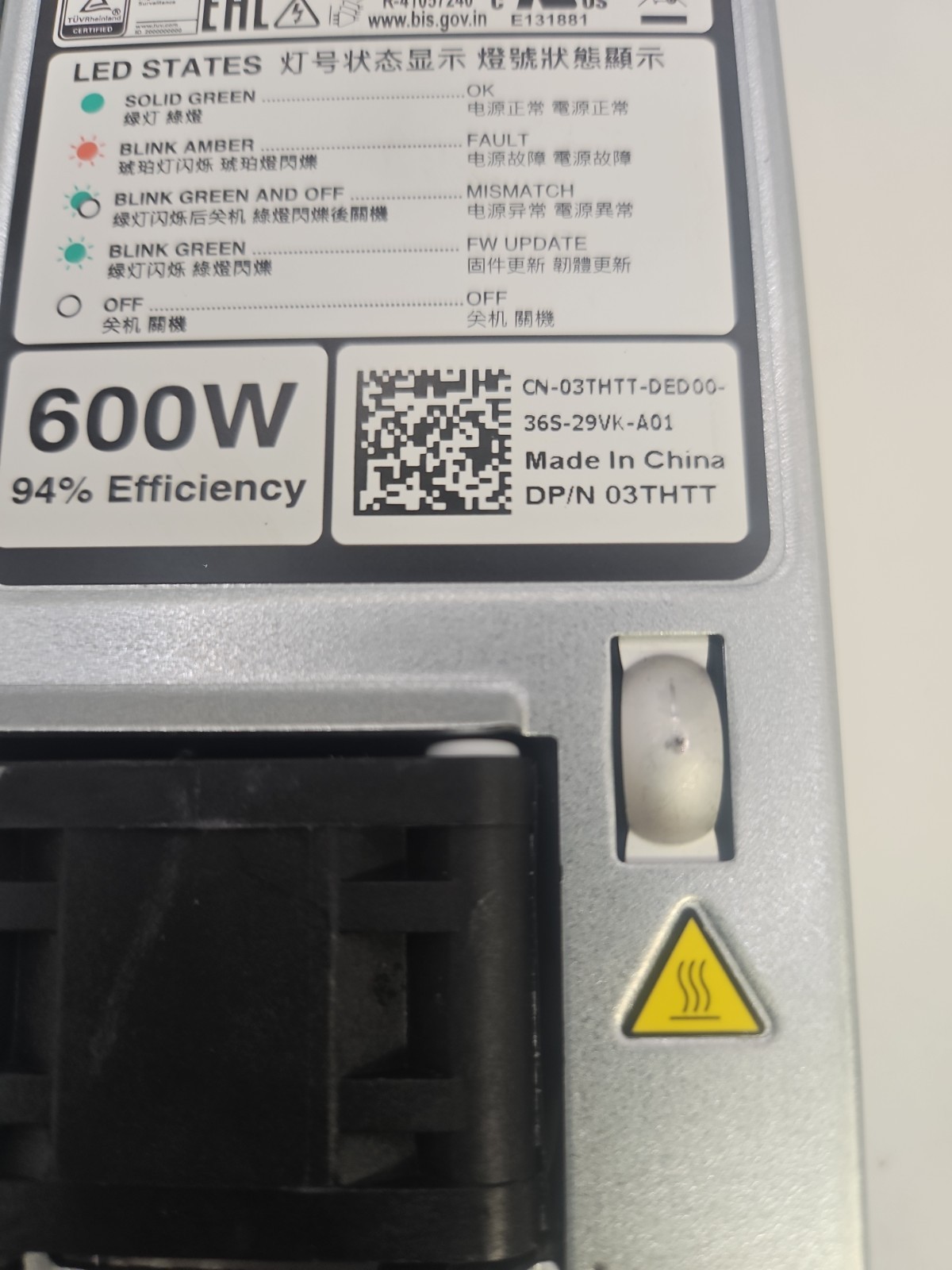 Dell EMC 600W 80Plus Platinum 03THTT D600E-S0 Switching Power Supply