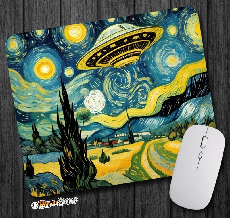 Van Gogh Starry Night & UFO Aliens – Mouse Pad / PC Mousepad – Fun Art Meme GIFT