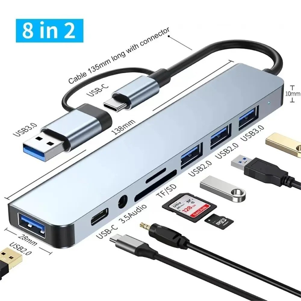8-in-2 USB C HUB Docking Station USB 3.0 SD TF Card Reader 3.5mm Audio USA