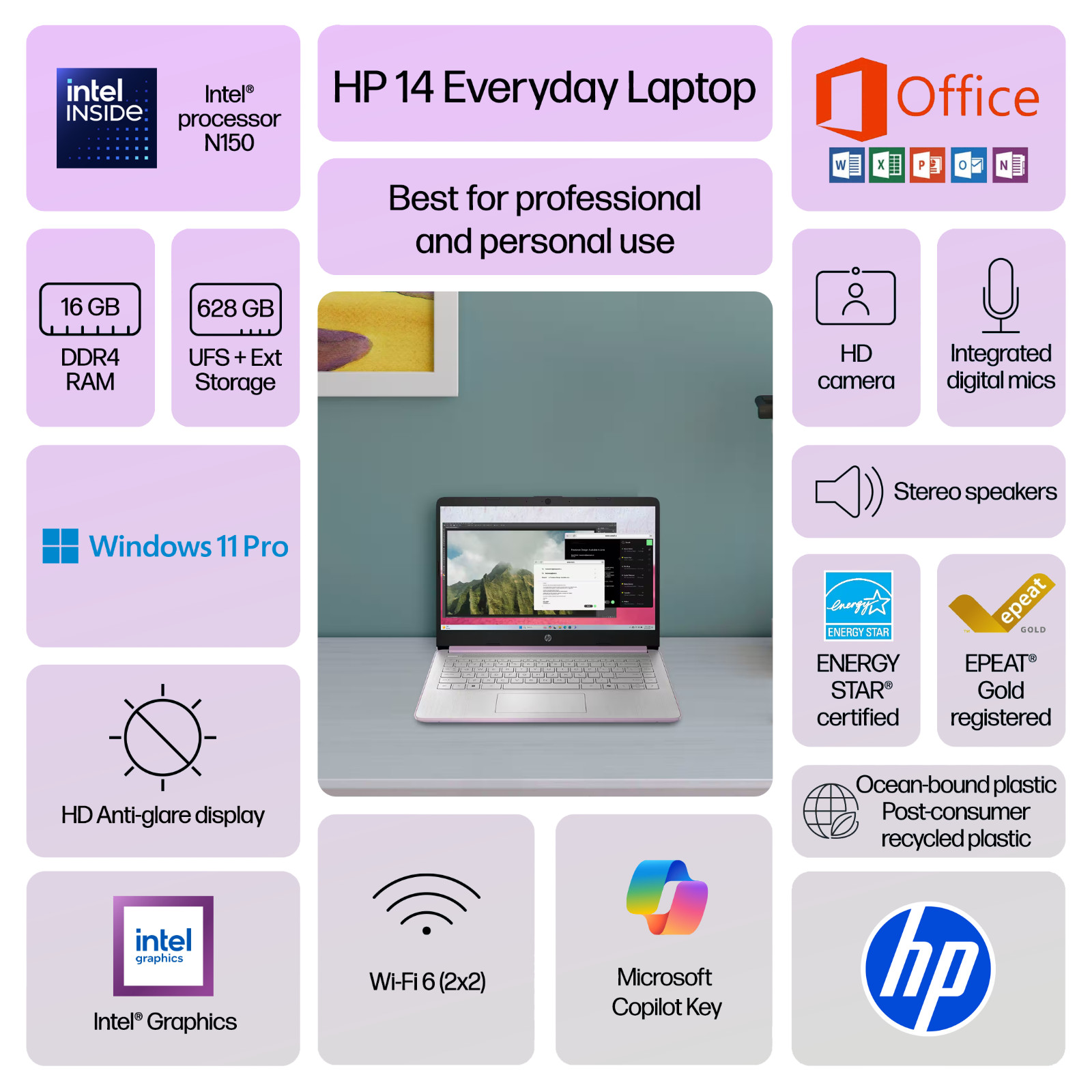 HP Laptop Computer 14″, Quad-Core Intel N150, 16GB RAM 628GB Storage, Win 11 Pro