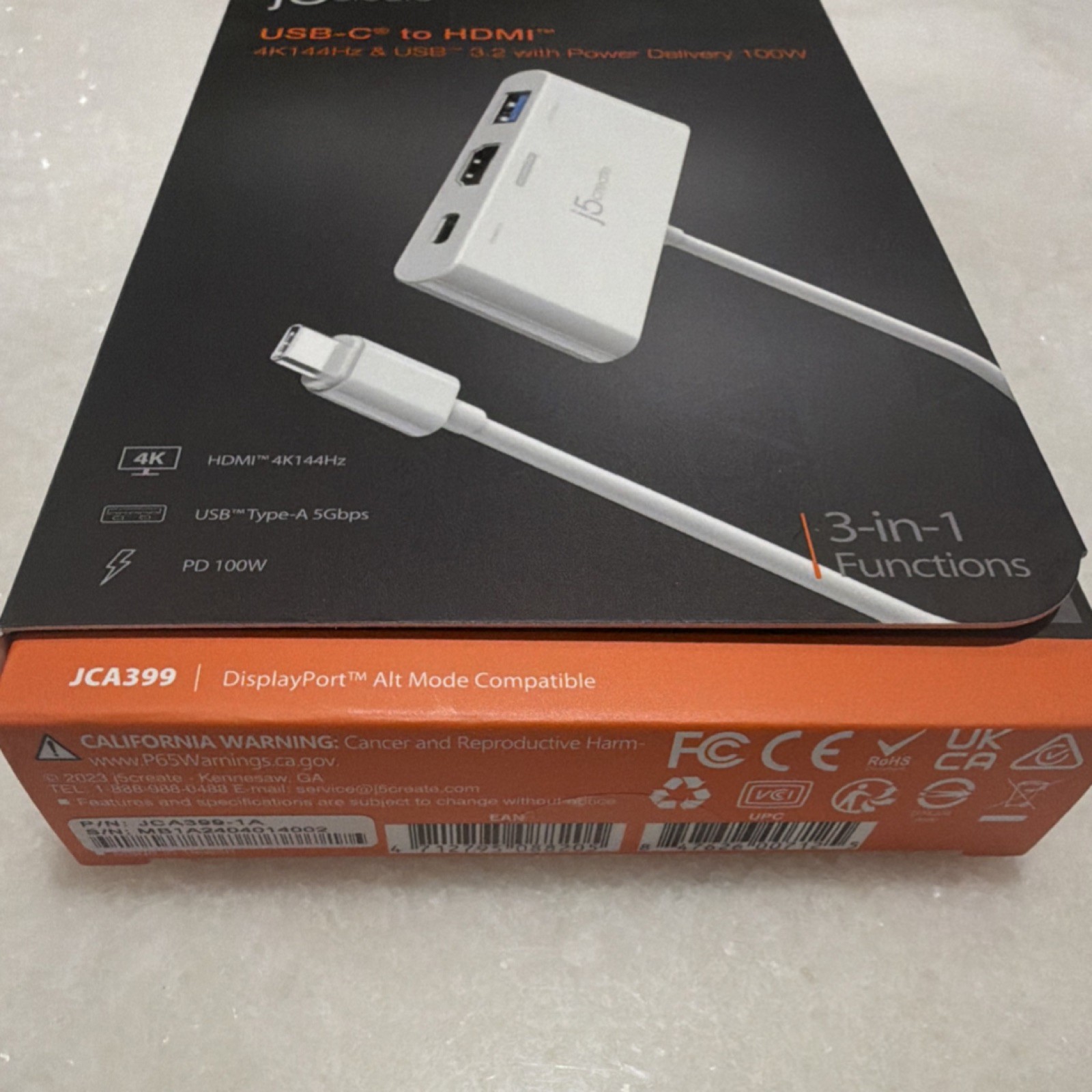 j5create USB-C to HDMI Adapter 3-in-1 4K 144Hz USB 3.2 PD 100W White JCA399
