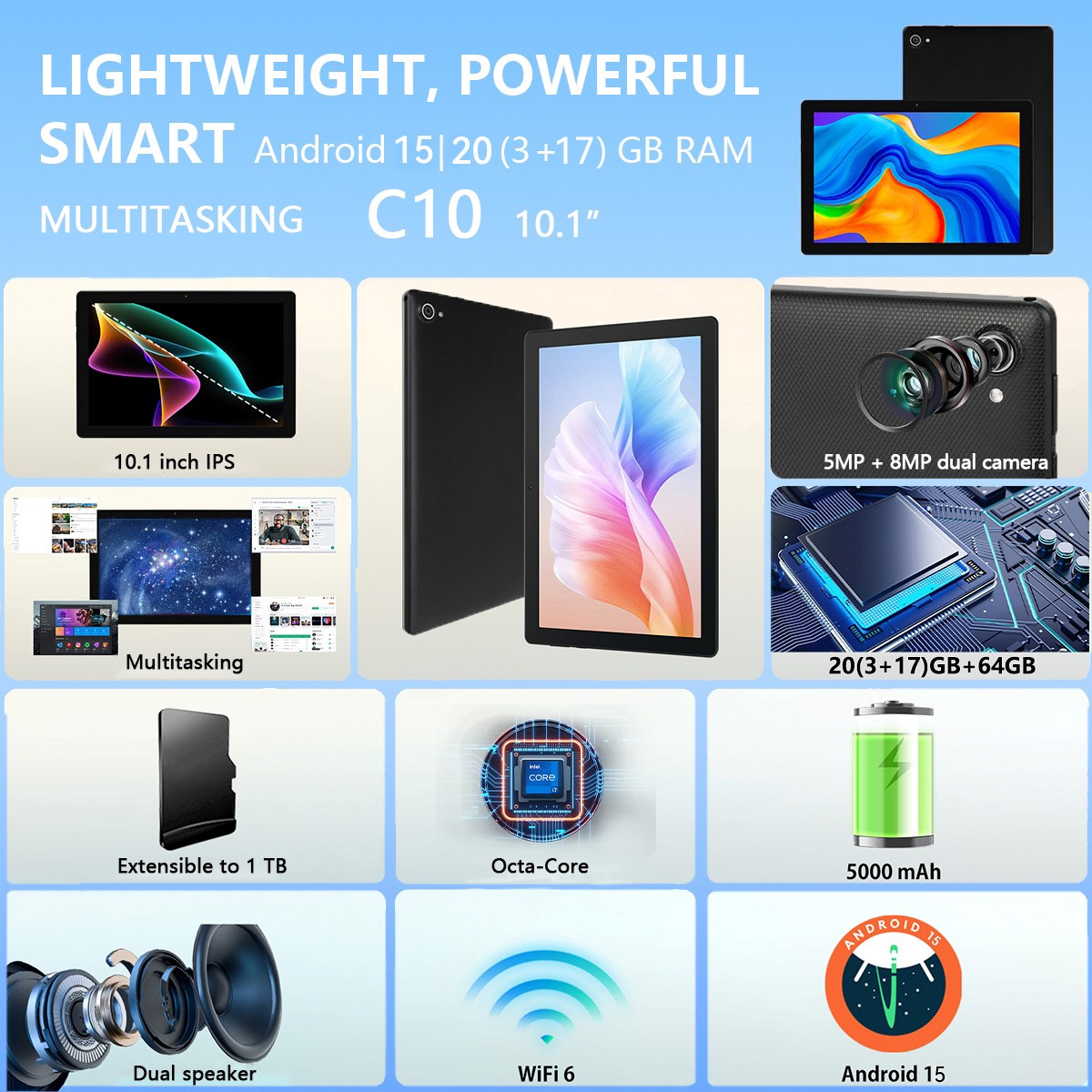AEEZO 10.1″ WIFI Tablet Android 15 IPS HD 20GB+64GB Quad-Core Dual Camera