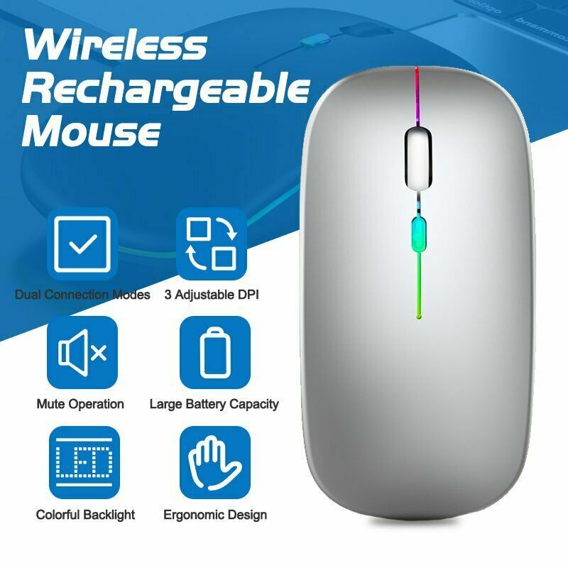 2.4GHz Wireless Optical Mouse USB Rechargeable RGB Cordless Mice For PC Laptop
