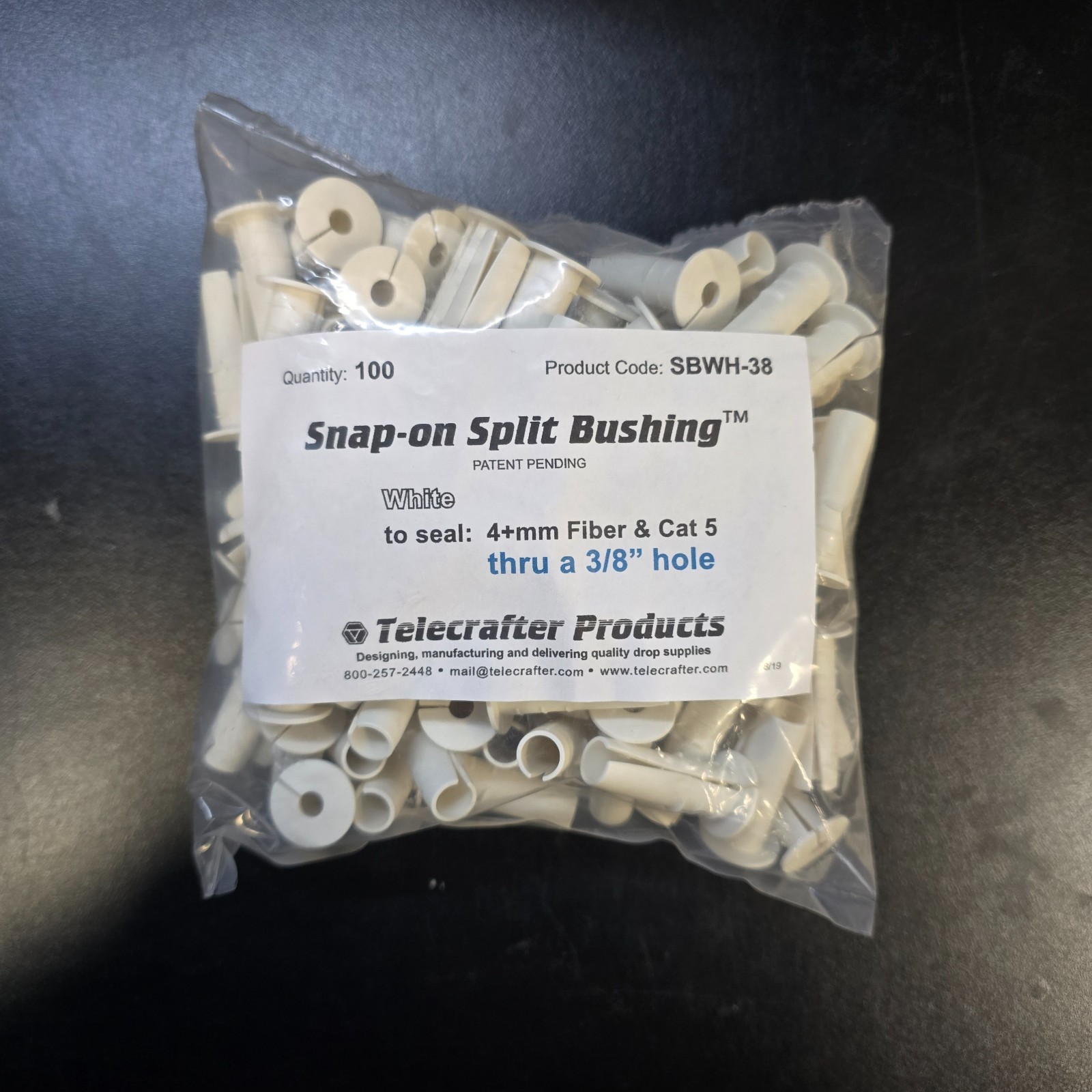 Telecrafter Split Bushing SBWH-38 for 4+mm Cable thru 3/8″ Hole – White (100 pk)