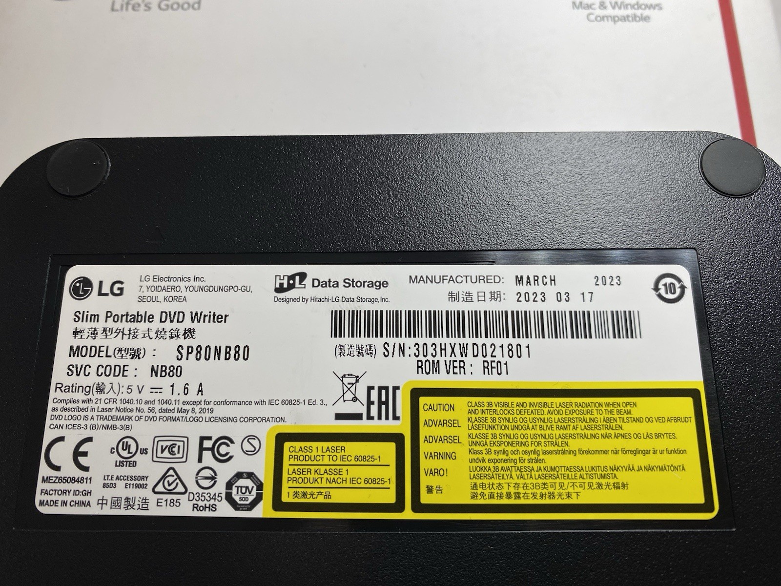 LG SP80NB80 Ultra Slim Portable DVD Writer USB External Mac Windows Open Box