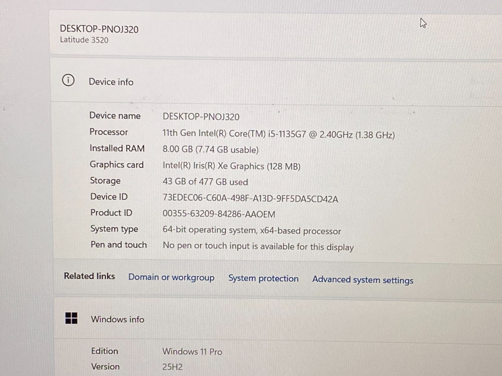 DELL LATITUDE 3520 i5-1135G7@2.40GHz 8GB RAM 512GB SSD NVMe W11P
