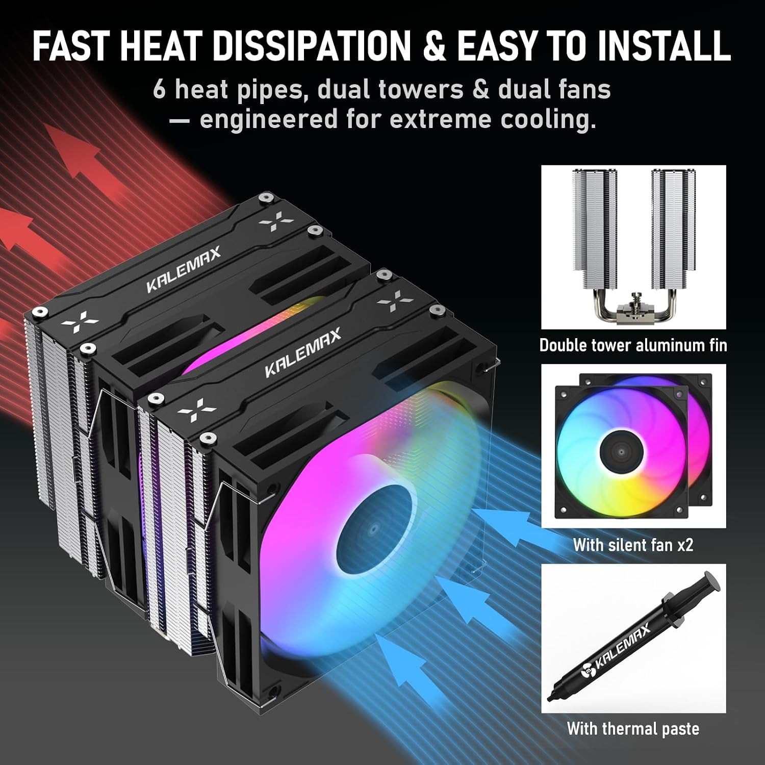 CPU Cooler Dual-Tower 6×6Mm Heat Pipes CPU Cooling Dual 120Mm ARGB PWM Fan…