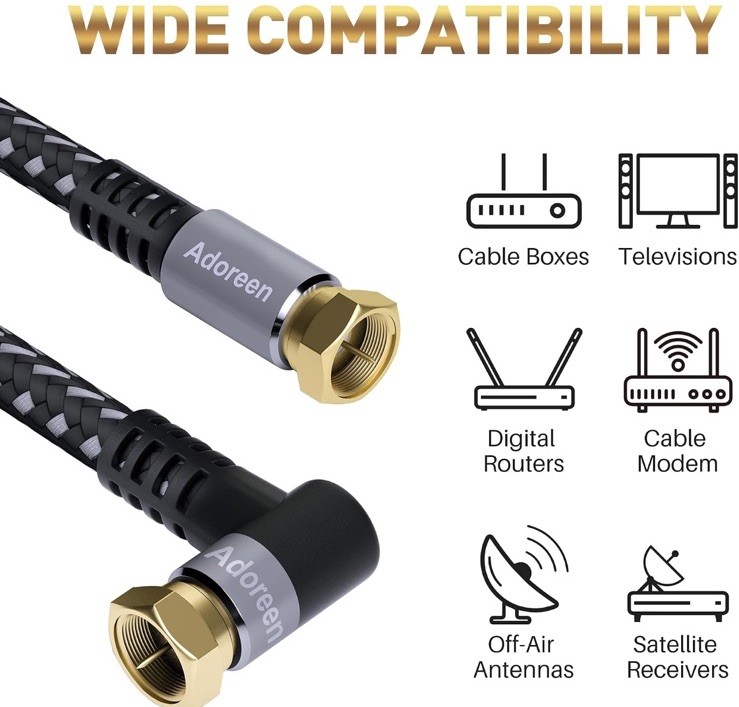 Adoreen 2-Pack 2ft RG6 Right Angle Quad Shielded Coaxial Cable for TV/AV