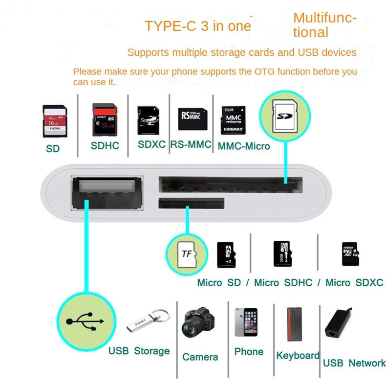 3 in 1 Hub Converter Type-C Adapter USB C SD Card Reader For MacBook Pro Laptop