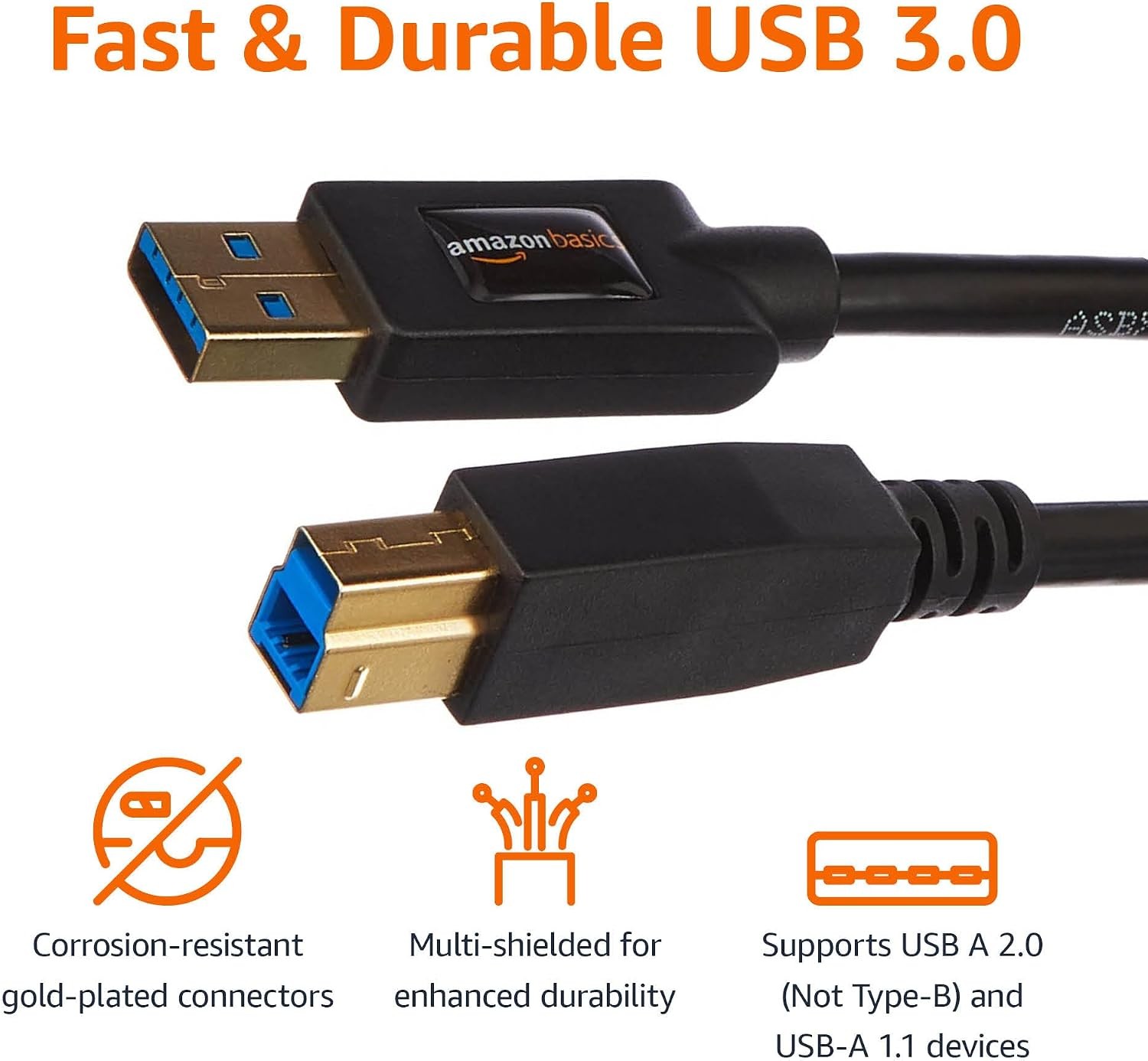 Amazon Basics USB-A to USB-B 3.0 Cable, 4.8Gbps High-Speed w/ Gold-Plated