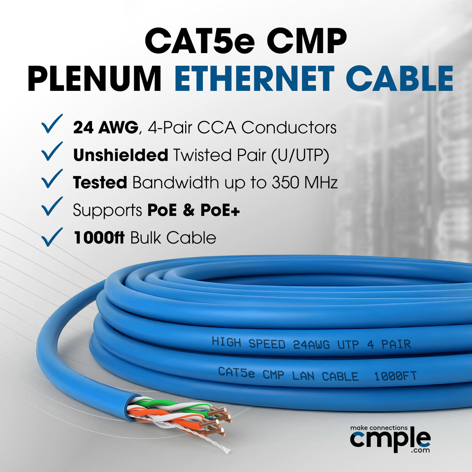Cat5e Ethernet Cable 1000ft CMP Plenum Solid 24AWG UTP High Speed In-Wall Bulk