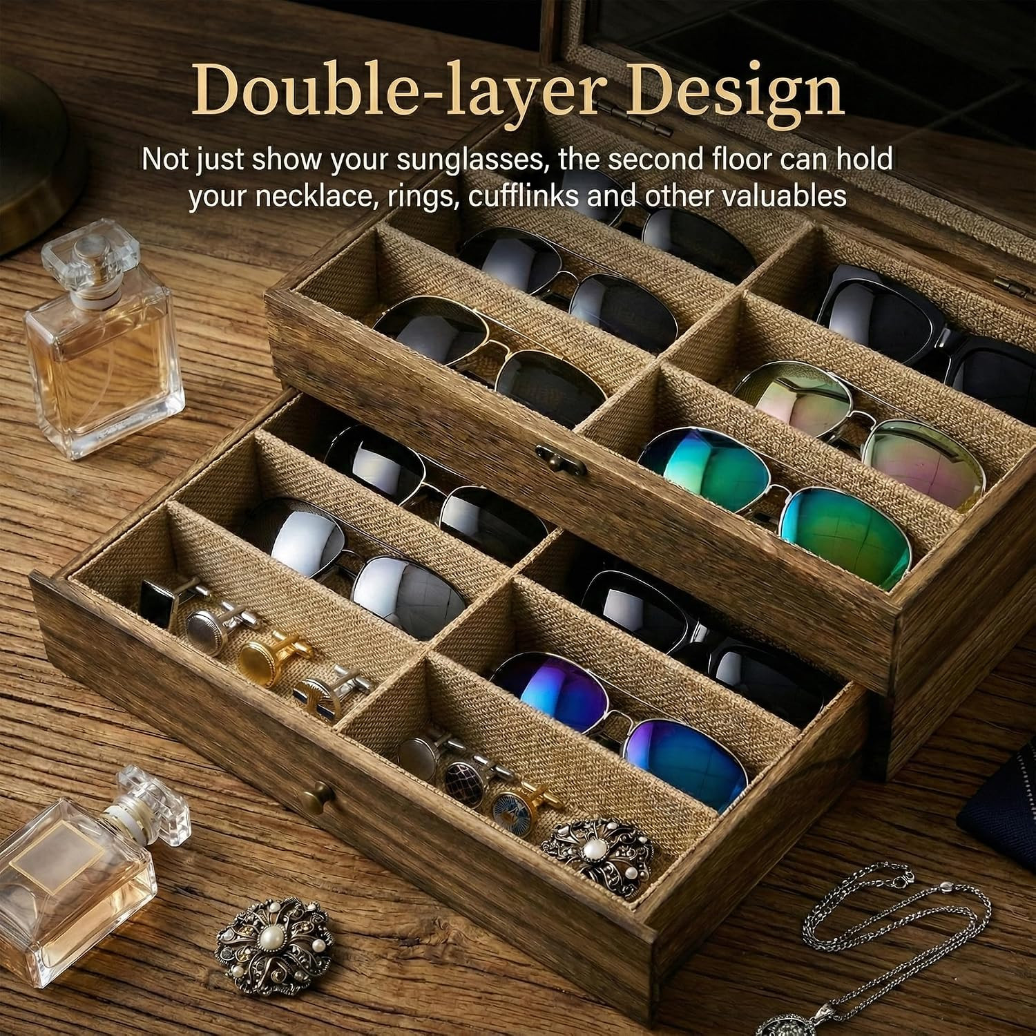 Sunglasses Case Organizer for Women Men, 12 Slot Wood Eyeglass Eyewear Display B