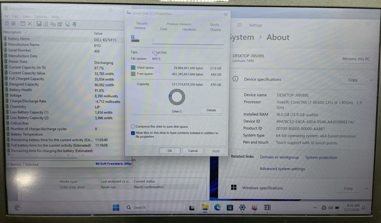 Dell Latitude 7490 Intel Core i7-8650U@1.90GHz 16GB DDR4 RAM 512GB SSD WIN 11P