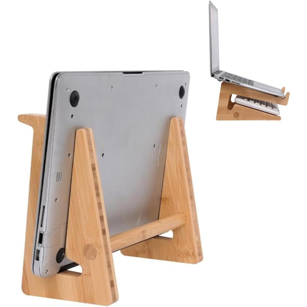 Wooden Vertical Laptop Stand for Desk, Bamboo Laptop Holder Compatible with