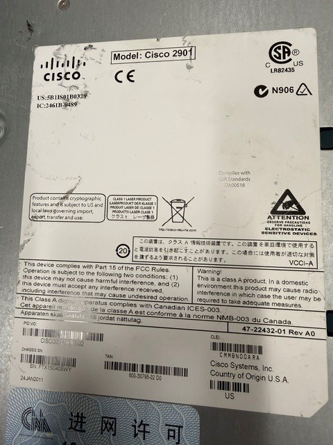 Cisco 2900 Series Integrated Service Router Ipbasek9 IOS 15.4 CISCO2901/K9