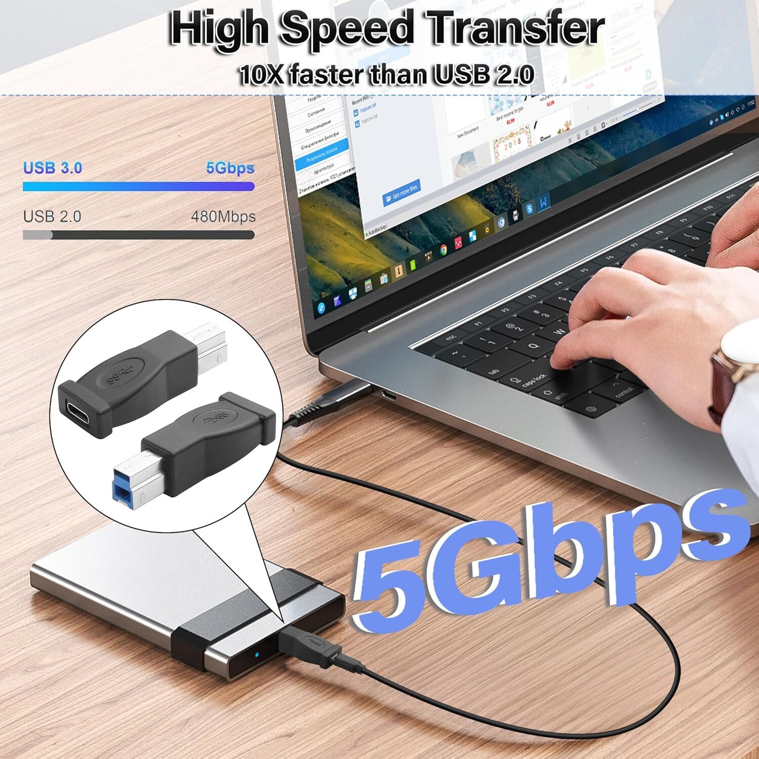 2x USB Type C Female to USB B 3.0 Male Adapter 5Gbps Hard Driver Printer Scanner