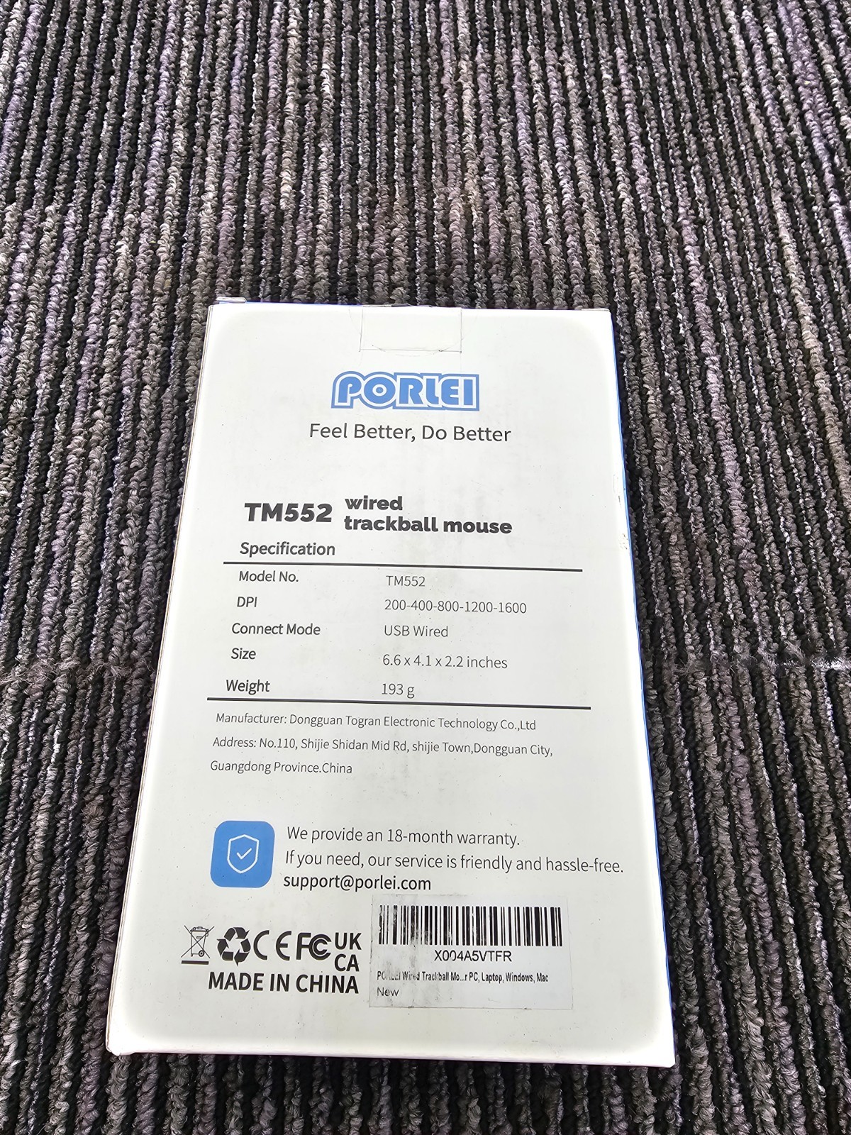 PORLEI TM552 USB Wired Trackball Thumb Drive Mouse 200-400-800-1200-1600 DPI