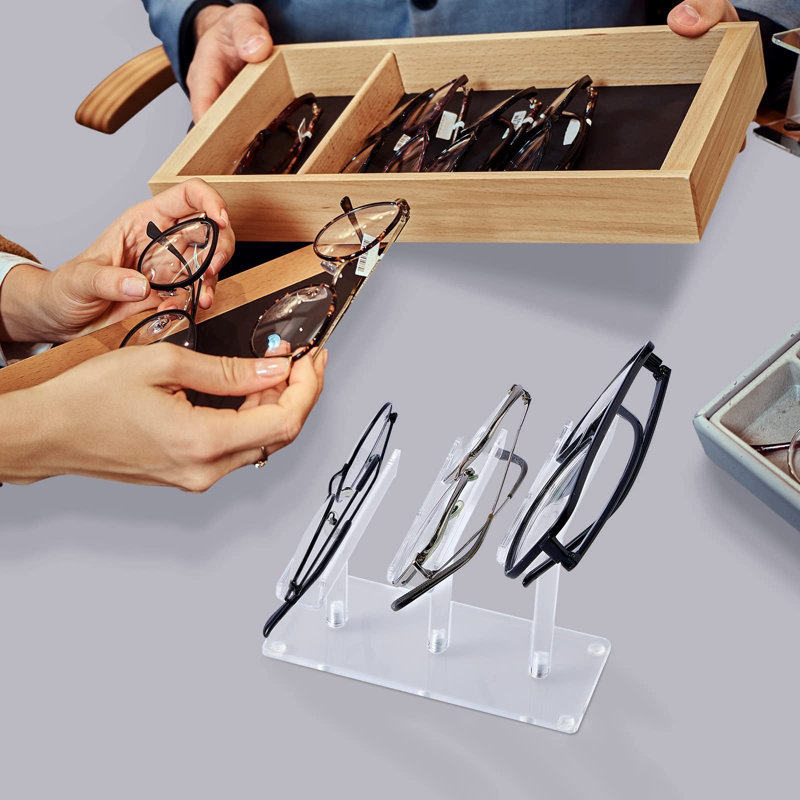 Sintuff 4 Pcs 3 Tier Acrylic Sunglasses Rack, Eyeglasses Stand, Clear
