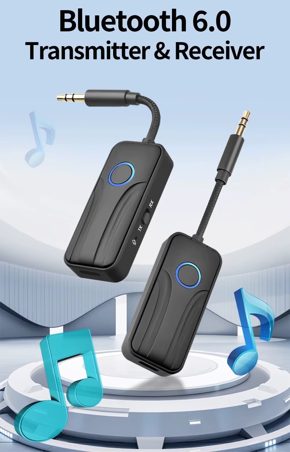Bluetooth 6.0 Transmitter Call Music Receiver AUX Adapter for Car Headphone iPod