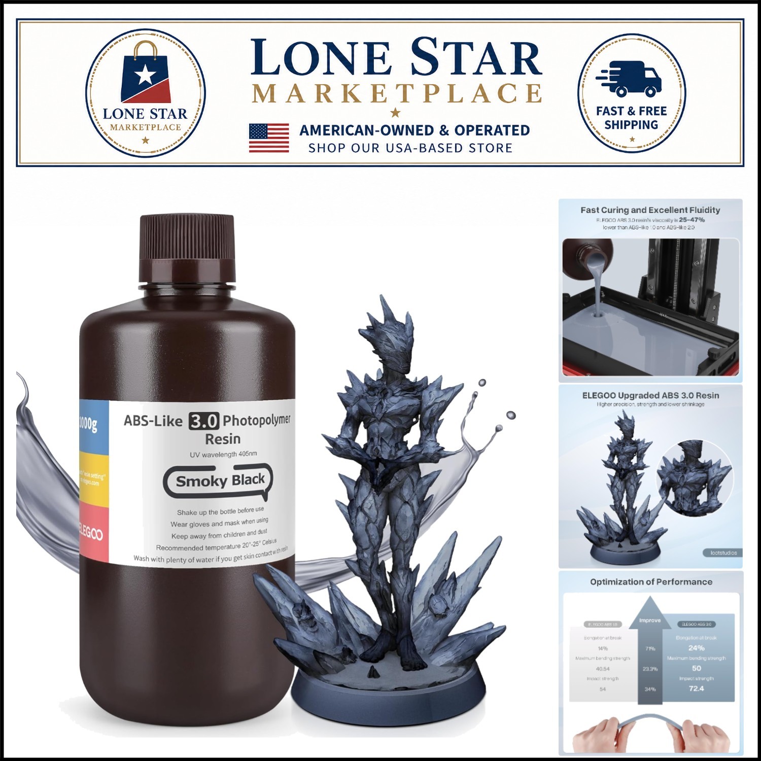 High Precision ABS-Like Resin 3.0 in Smoky Black – 1000g for LCD/DLP 3D Printers