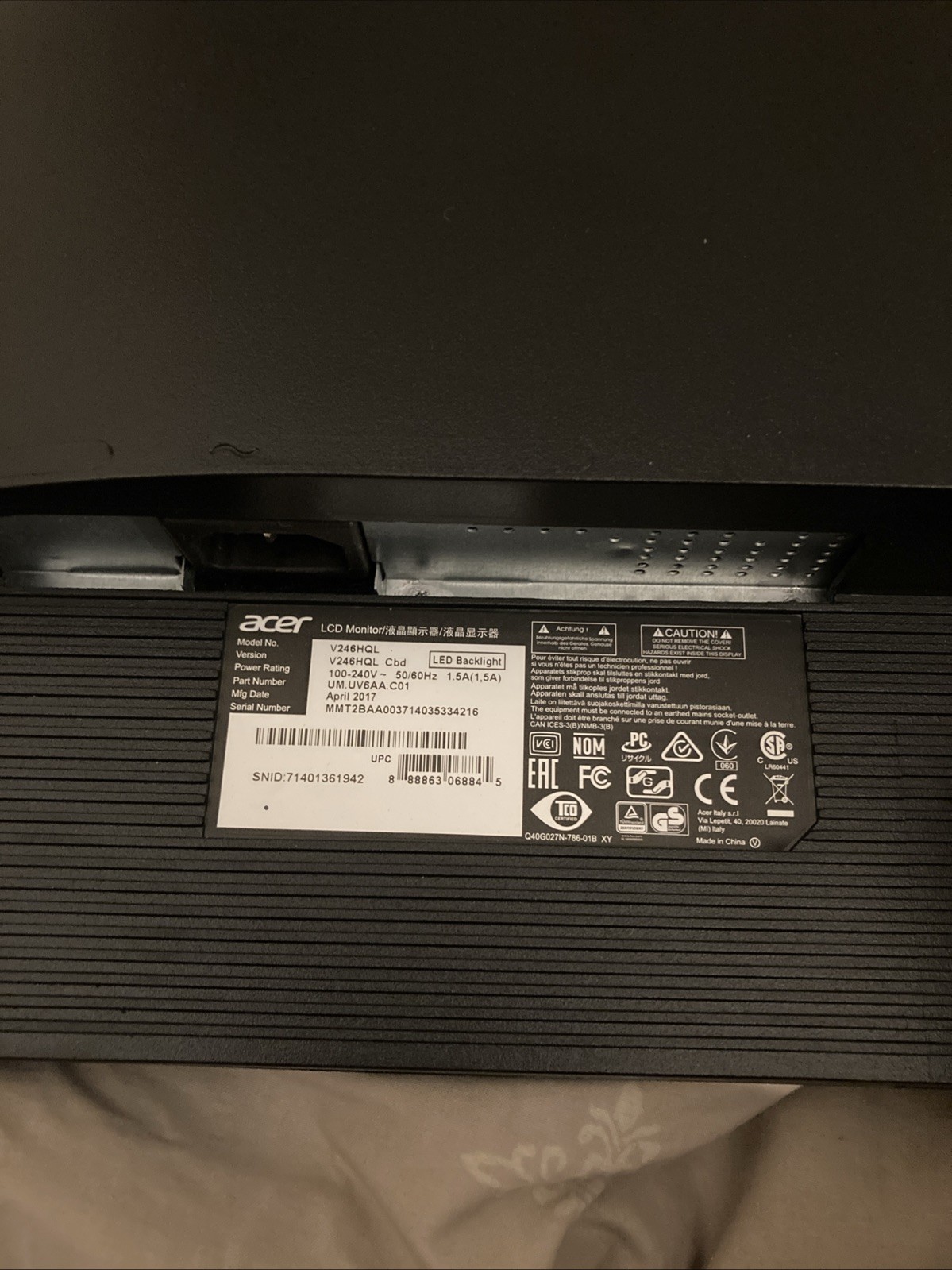 Acer V6 V246HQL 23.6″ VA LED Computer Monitor – POWER CABLE INCLUDED
