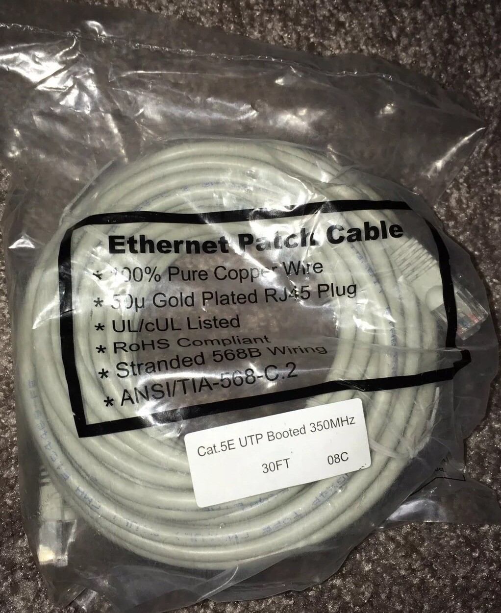 Cat5e Ethernet Patch Cable RJ45 Stranded 350Mhz UTP Copper Wire 30ft Gray
