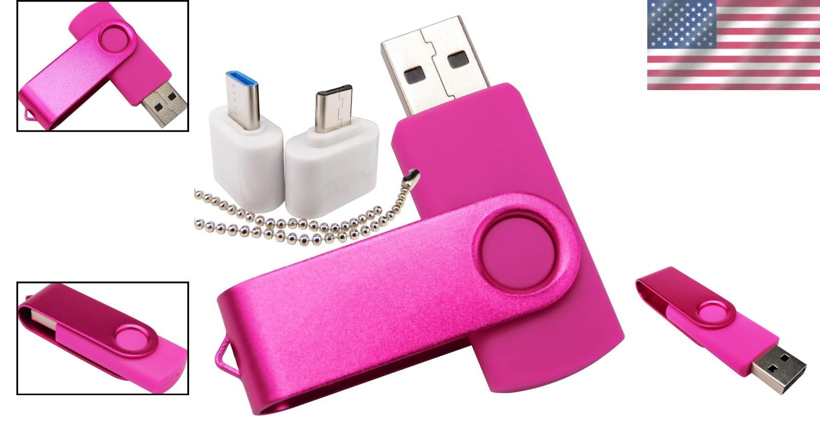 Elegant 512MB Pink USB Flash Drive with OTG & Type-C Adaptors – Rust Prevention