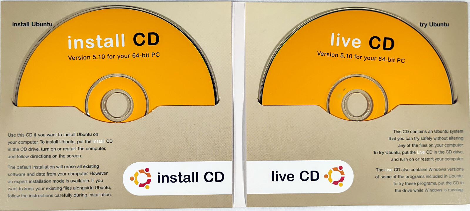 Vintage Ubuntu 5.10 64-bit for your PC install cd and live cd