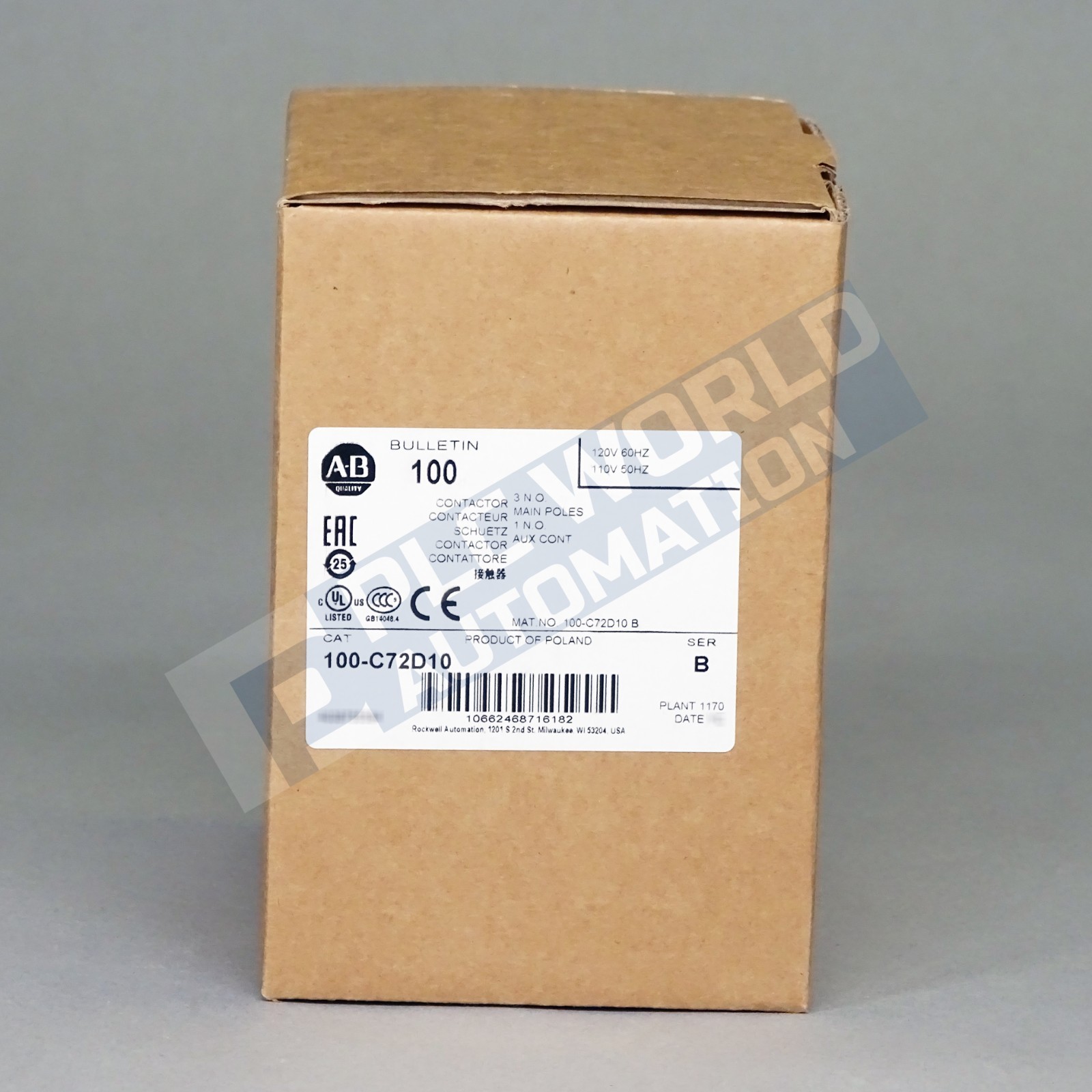 Allen Bradley 100-C72D10 Ser B Contactor, 3-Pole, 72 Amp, Brand New