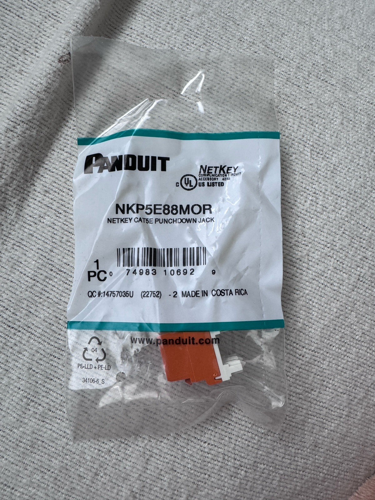 10 Pack – Panduit NetKey CAT5E Punchdown Jack RJ45 Port Female NKP5E88MOR