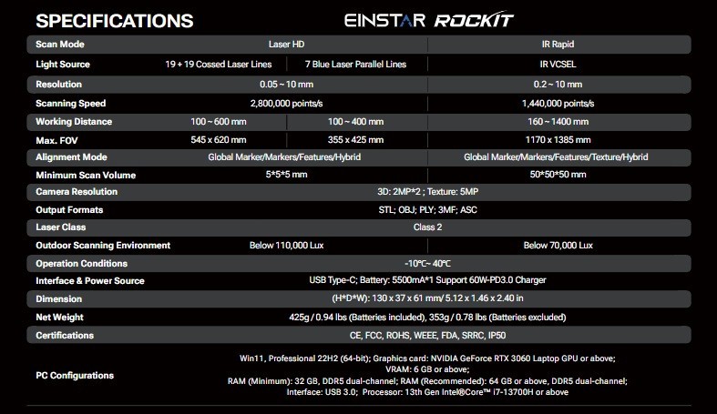 EINSTAR Rockit Wireless Handheld 3D Scanner 0.05mm HD Resolution, IR VCSEL Scan